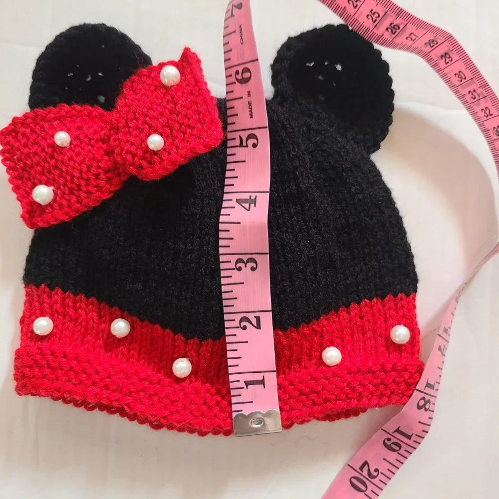 Minnie Mouse inspired Baby Infant Girl Knit Hat Red Black Size 3-6 M Photo Prop